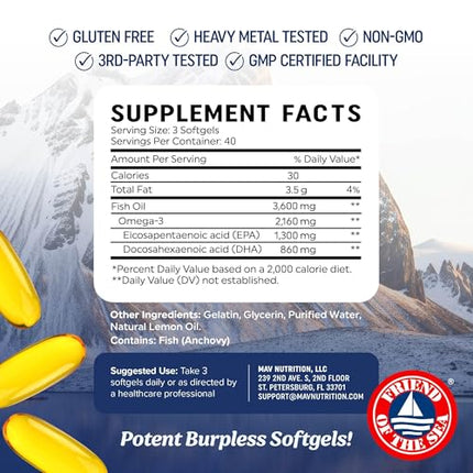 Triple Strength DHA Omega-3 3600mg | 120 Count | Wild-Caught Burpless