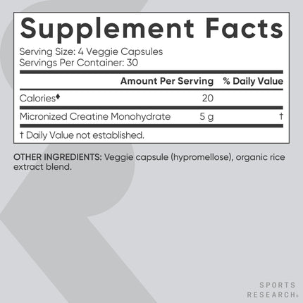 Sports Research Creatine Monohydrate Capsules - 5g per Serving, 30 Servings | Non-GMO, Vegan Certified