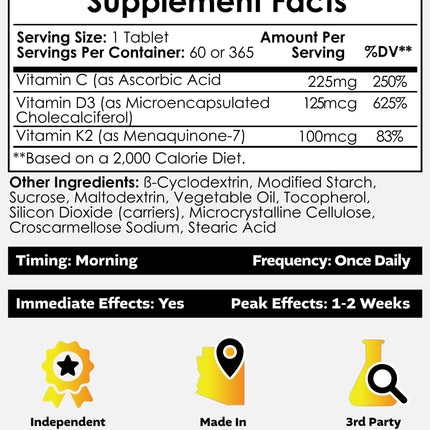 Nootropics Depot Vitamin D3 + K2 with Vitamin C Tablets – 365 Count, 125µg (5000 IU) Year Supply