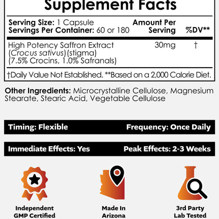 Nootropics Depot High Potency Saffron Extract Capsules 180 ct – 30 mg, 7.5% Crocins, 1% Safranals