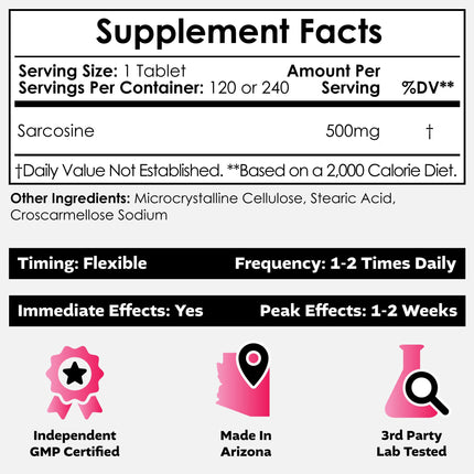 Nootropics Depot Sarcosine Tablets 500mg | 240 Count | Chewable