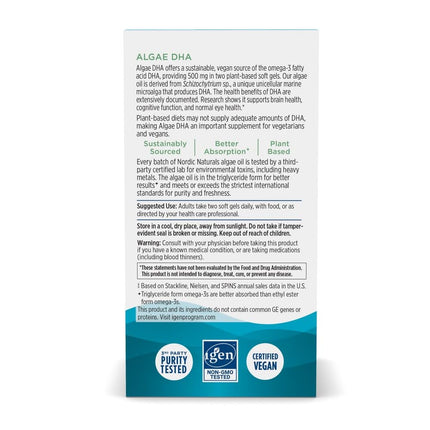 Nordic Naturals Algae DHA - 90 Soft Gels, 500 mg Vegan Omega-3 DHA