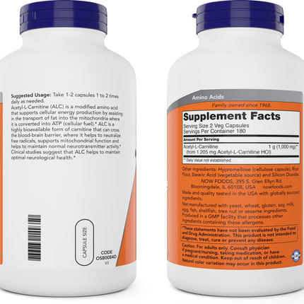 NOW Foods Acetyl-L-Carnitine 500 mg - 360 Veg Capsules | Non-GMO, Kosher, Dairy-Free