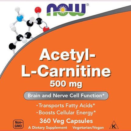 NOW Foods Acetyl-L-Carnitine 500 mg - 360 Veg Capsules | Non-GMO, Kosher, Dairy-Free