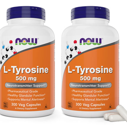 NOW Foods L-Tyrosine 500mg – 300 Capsules (Pack of 2) | Non-GMO