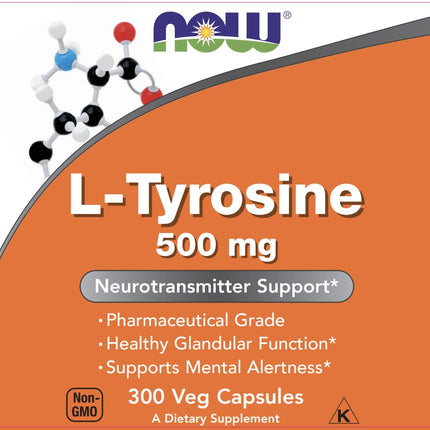 NOW Foods L-Tyrosine 500mg – 300 Capsules (Pack of 2) | Non-GMO