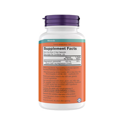 NOW Magnesium Citrate – Enzyme Function & Nervous System Support, 360 Vegetarian Capsules