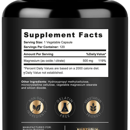 NURTURLY Magnesium Citrate & Oxide 500mg Complex – High Absorption, 360 Vegan Capsules