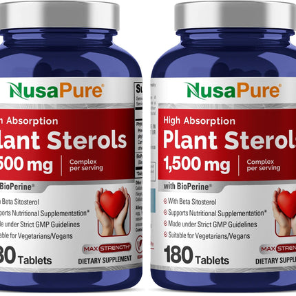 NusaPure Plant Sterols 1500 mg - 180 Vegan Tablets | Non-GMO, Beta Sitosterol + Bioperine (Pack of 2)