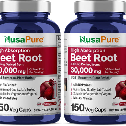 NusaPure Beet Root 30:1 Extract – 1000 mg per Serving, 150 Veggie Caps, Bioperine
