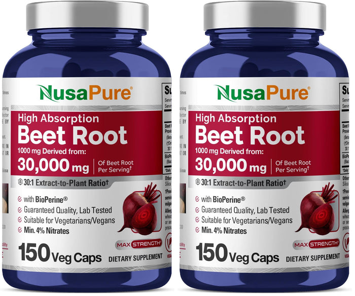 NusaPure Beet Root 30:1 Extract – 1000 mg per Serving, 150 Veggie Caps, Bioperine