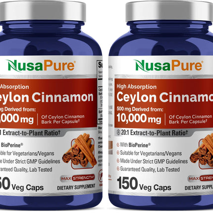 NusaPure Ceylon Cinnamon 20:1 Extract — 500 mg per Capsule | 150 Veggie Caps | Pack of 2