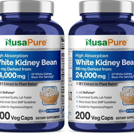 NusaPure White Kidney Beans 30:1 Extract – 24,000 mg Equivalent, 200 Vegan Capsules (Pack of 2)