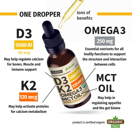 NUSAVA 4 Pack Organic Vitamin D3 K2 Drops with MCT Oil – 5000 IU, Vanilla