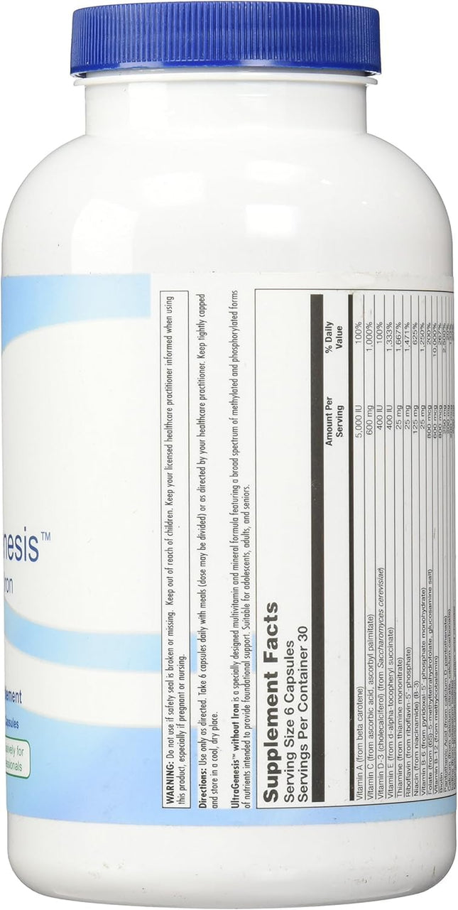 UltraGenesis Iron-Free Multivitamin for Women & Men – Immune Support for 50+ | Plant-Based 180 Vegan Capsules