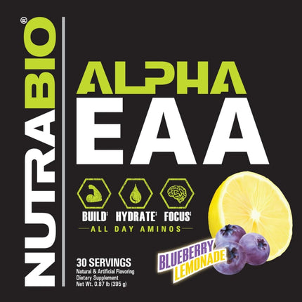 NutraBio Alpha EAA – All-Day Essential Amino Acids with Nootropics & Adaptogens | 30 Servings, Blueberry Lemonade