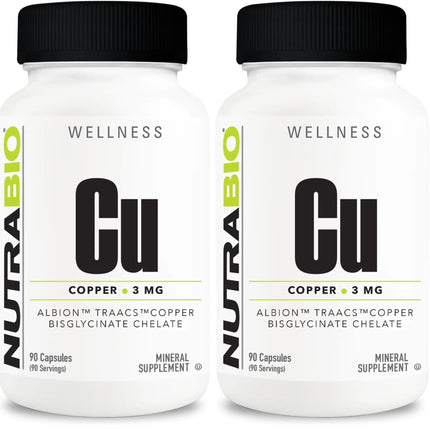 NutraBio Chelated Copper Bisglycinate (3mg) – Immune Support, 90 Capsules (2-Pack)