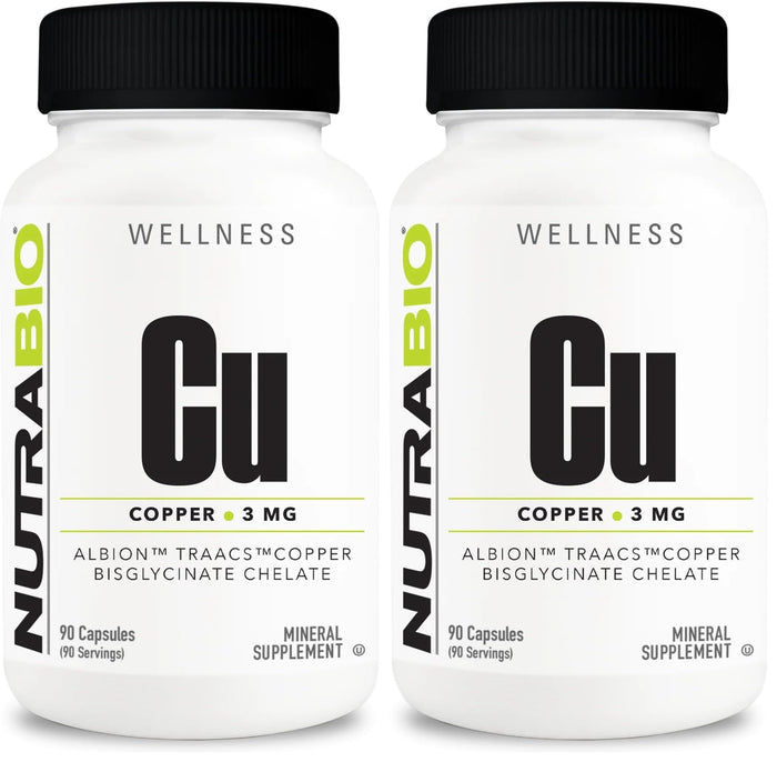 NutraBio Chelated Copper Bisglycinate (3mg) – Immune Support, 90 Capsules (2-Pack)