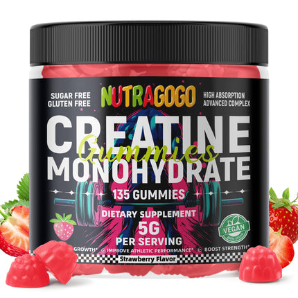 NUTRAGOGO Creatine Monohydrate Gummies – 5g/Serving, Sugar Free, Vegan, 135 Count