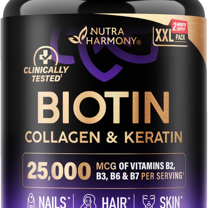 Nutraharmony Biotin + Collagen + Keratin with Hyaluronic Acid — Hair, Skin & Nails Support, 25,000 mcg Biotin, 120 Capsules, Made in USA