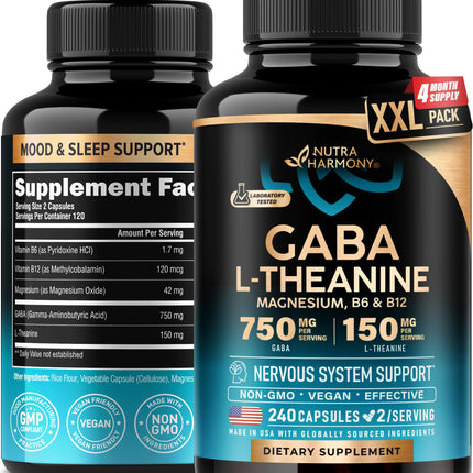NUTRAHARMONY GABA L-Theanine 900mg – Made in USA | Magnesium & Vitamin B6 | Calm, Sleep & Mood Support – 240 Capsules