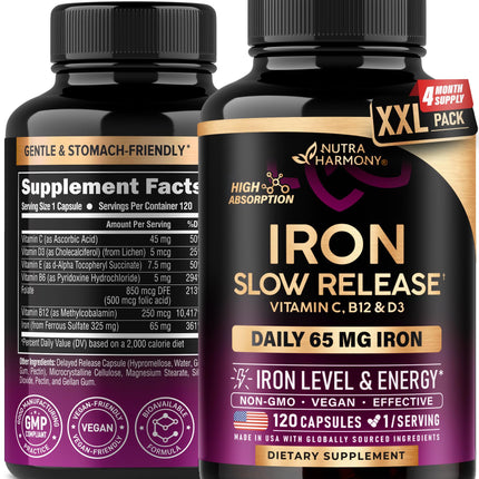 Iron 65mg Slow Release Supplement for Women | NutraHarmony 120 Capsules