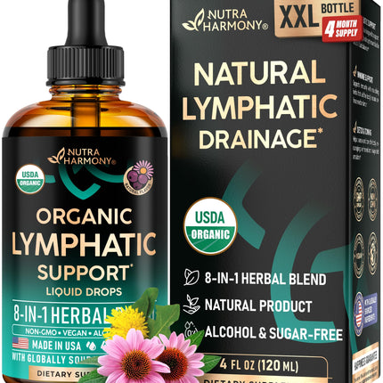 NutraHarmony USDA Organic Lymphatic Drainage Drops - Echinacea, Elderberry & Dandelion | Immune Support & Detox (4 fl oz)