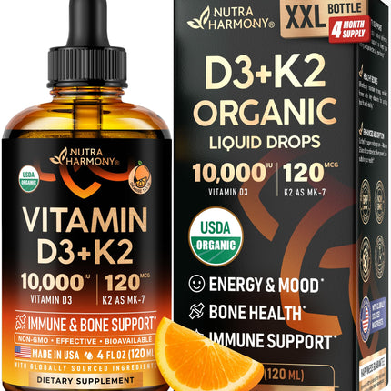 Vitamin D3 K2 USDA Organic Drops – 10,000 IU D3 + 120 mcg MK-7
