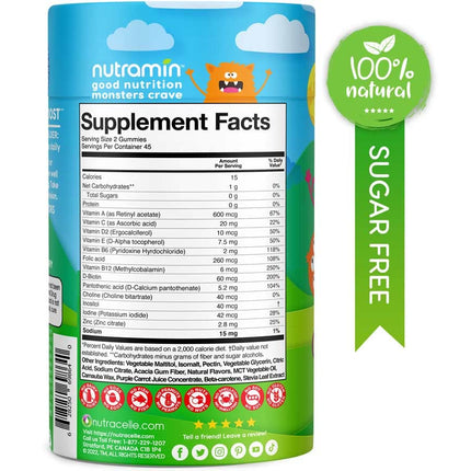 NUTRAMIN Sugar-Free Vegan Gummy Multivitamins for Kids – 90 Count Bottle | Nutracelle