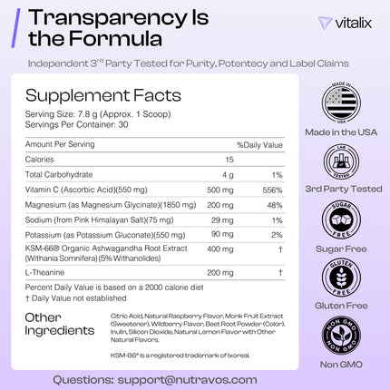 NutraVōs Vitalix – Cortisol Reducer & Adaptogen Drink Mix (Ashwagandha KSM-66, Magnesium Glycinate, L-Theanine) Raspberry Lemonade – 30 Servings