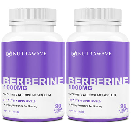 Nutra Wave Pure Berberine Maximum Potency 1000mg per Serving - 2-Pack (Vegan, Non-GMO)