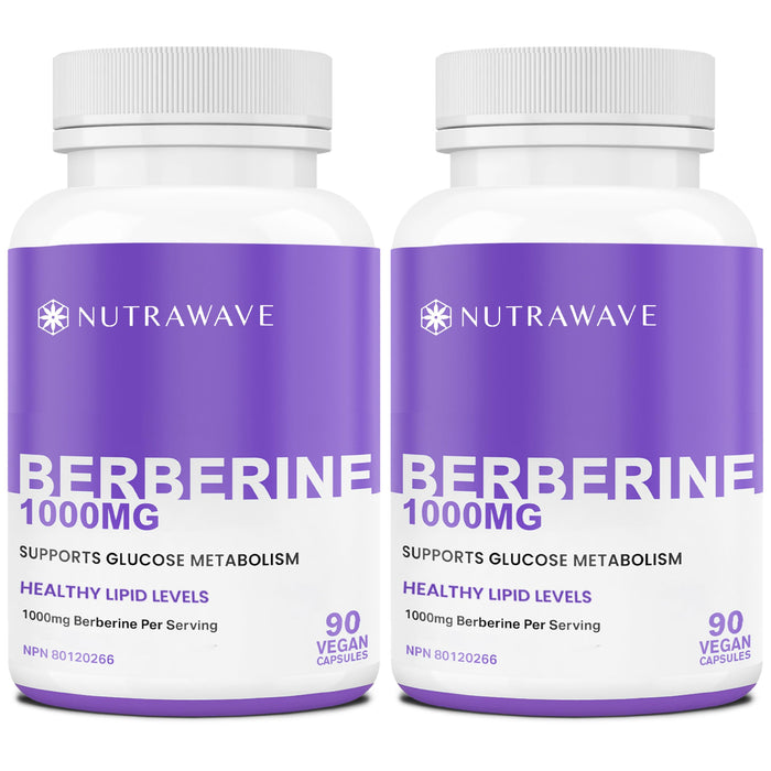 Nutra Wave Pure Berberine Maximum Potency 1000mg per Serving - 2-Pack (Vegan, Non-GMO)