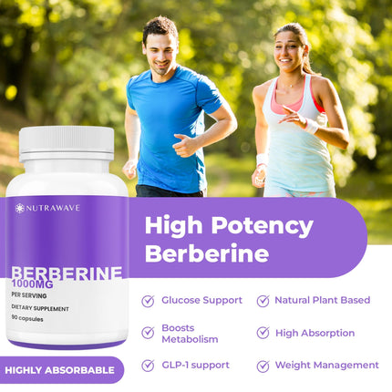 Nutra Wave Pure Berberine Maximum Potency 1000mg per Serving - 2-Pack (Vegan, Non-GMO)