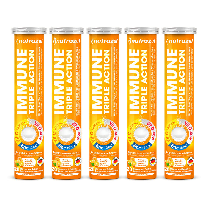 Nutrazul Immune Triple Action Effervescent Tablets – Vitamin C 1000mg, Vitamin D 400IU, Zinc 10mg | Orange Flavor