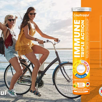 Nutrazul Immune Triple Action Effervescent Tablets – Vitamin C 1000mg, Vitamin D 400IU, Zinc 10mg | Orange Flavor