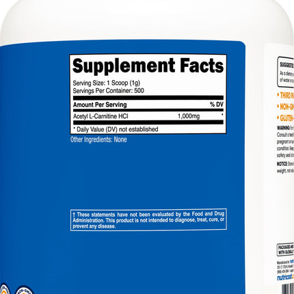 Nutricost Acetyl L-Carnitine (ALCAR) Powder 1000mg, 500g