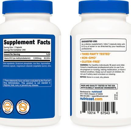 Nutricost Vitamin B12 (Methylcobalamin) 2000mcg – 240 Vegetarian Capsules