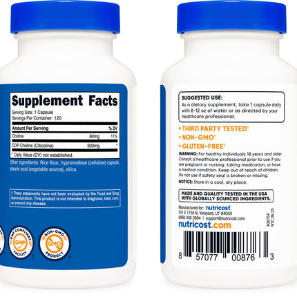 Nutricost CDP Choline (Citicoline) 300mg – 120 Vegetarian Capsules | Non-GMO, Gluten Free