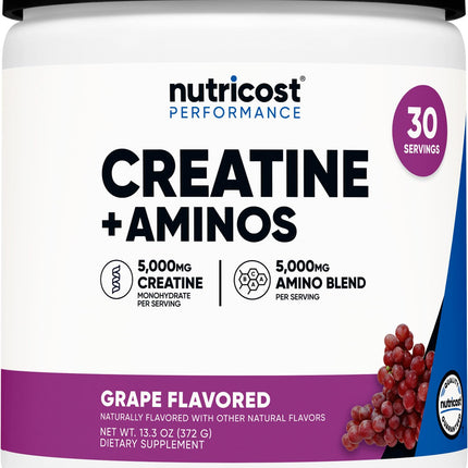 Nutricost Creatine + Aminos 30 Servings (Grape) – 5,000mg Creatine Monohydrate + 5,000mg Amino BCAA per Serving