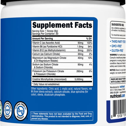 Nutricost Creatine Monohydrate + Hydration Blue Raspberry – 30 Servings