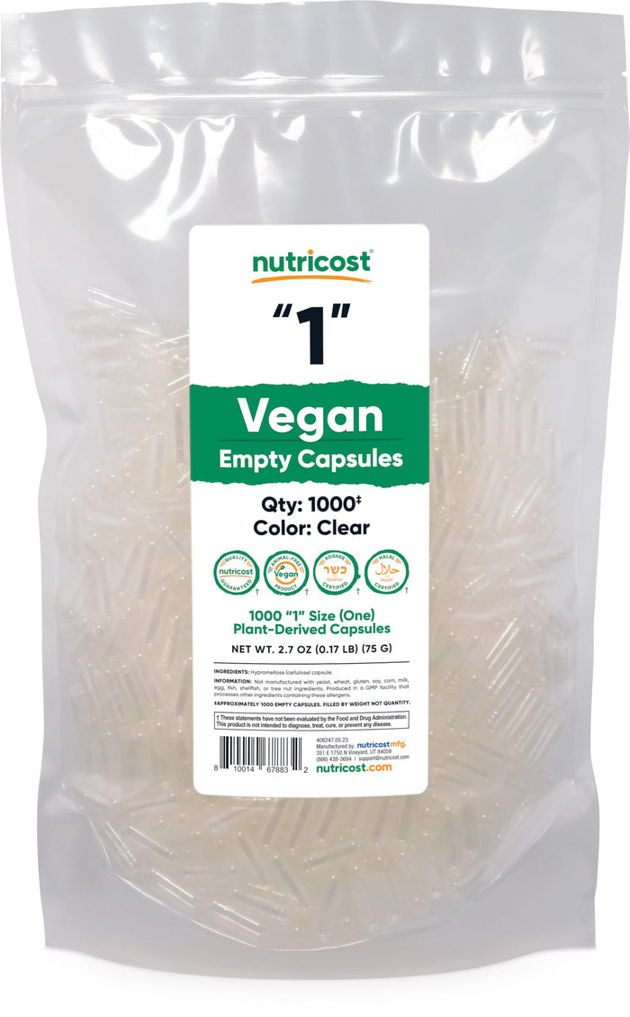 Nutricost Empty Capsules Size 1 – 1,000 Plant-Based Capsules | Kosher & Halal Certified, Non-GMO, Soy & Gluten Free