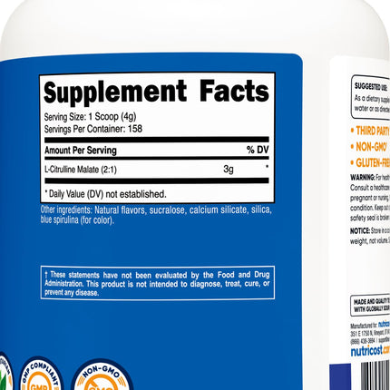 Nutricost L-Citrulline Malate 2:1 (600g) Blue Raspberry – 3g per Serving, 171 Servings | 30-Day Guarantee