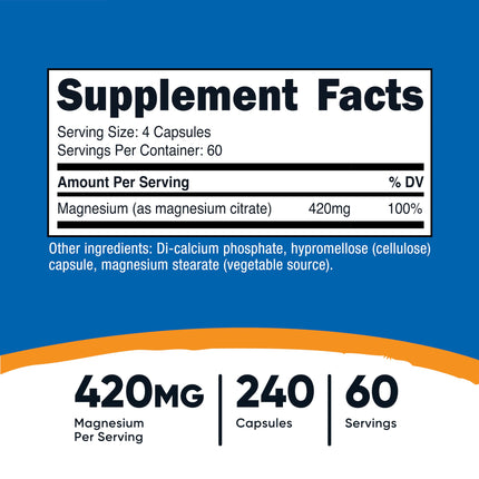 Nutricost Magnesium Citrate 420mg - 240 Veggie Capsules | 60 Servings