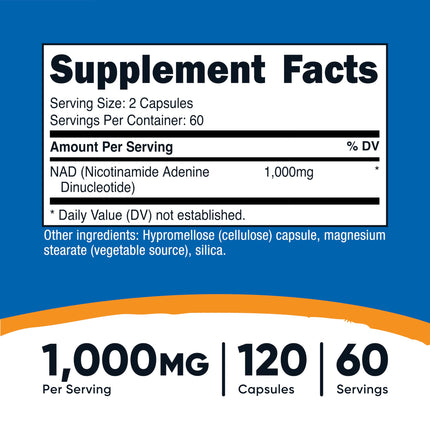 Nutricost NAD+ Supplement 1,000mg per Serving - 60 Servings, Vegan & Gluten-Free