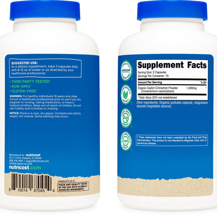 Nutricost Organic Cinnamon (Ceylon) 1200mg – 150 Veg Capsules | Gluten Free & Non-GMO