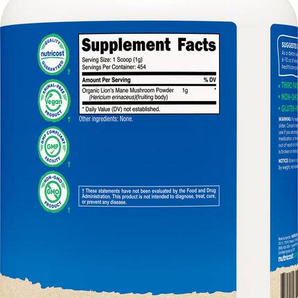 Nutricost Organic Lion's Mane Mushroom Powder 1LB – USDA Organic, Non-GMO