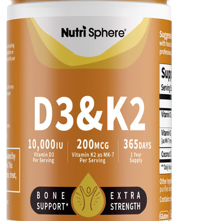 NutriSphere Vitamin D3 and K2 MK-7 – 365 Softgels, 10,000 IU D3 / 200 mcg K2 MK-7