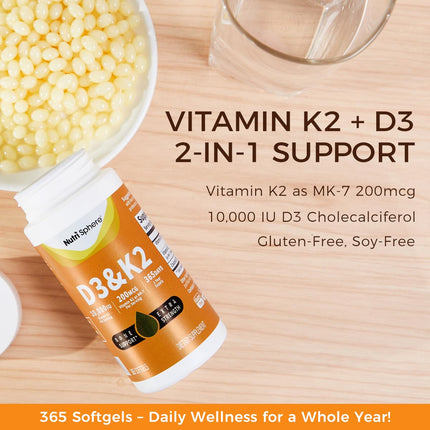 NutriSphere Vitamin D3 and K2 MK-7 – 365 Softgels, 10,000 IU D3 / 200 mcg K2 MK-7