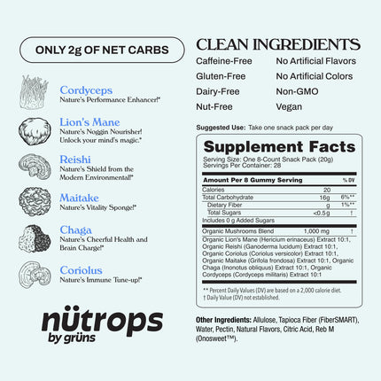 Grüns Nutrops Sugar-Free Lions Mane Gummies — Focus, Energy & Brain Health (28 Day Supply)
