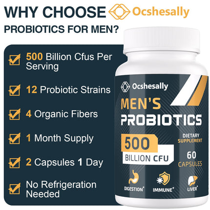 Ocshesally Probiotics for Men – 500B CFU, 12 Strains, 120 Capsules